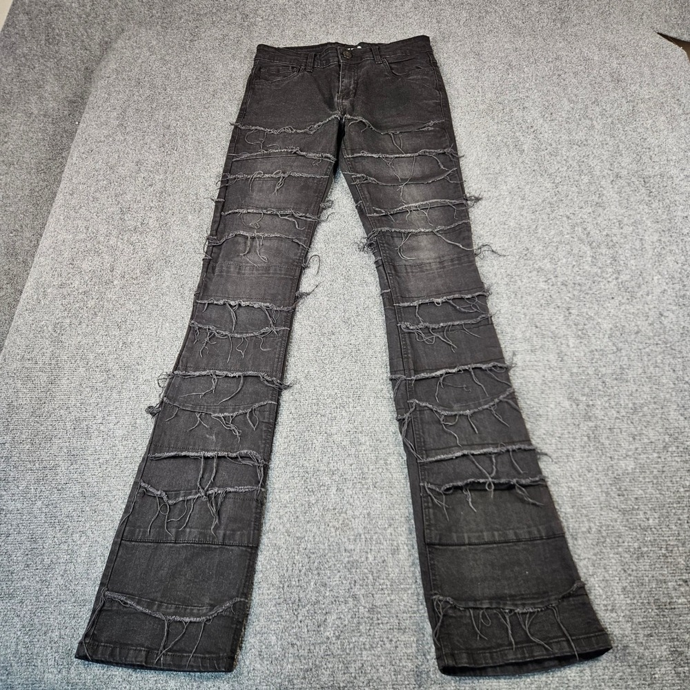Taker Mens Distressed Flare Jeans Black Frayed Tiered Raw Edge Denim Size 29